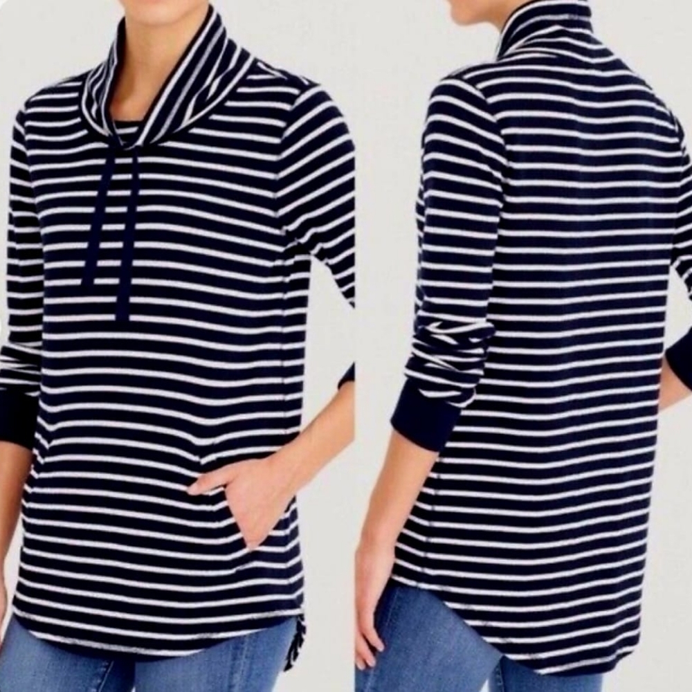 J.Crew Women's Pullover Sweatshirt 100% Cotton High Neck Blue&White Stripe Small